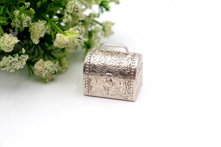 Caixa de comprimidos em forma de mala com gravados e pega na tampa basculante